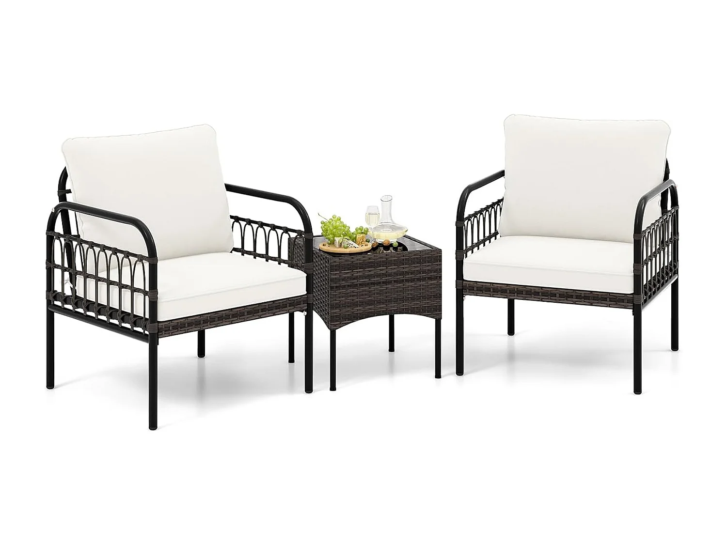 3-delige rotan stoelset, tuinstoel,terrasstoelen, metalen frame met glazen bijzettafel en kussens, gesprekset,tuinmeubelset voor tuin,achtertuin en zwembad TI93705