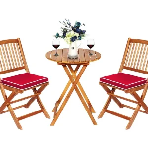 3-delige terrasmeubelset, inklapbaar,met ronde tafel en 2 stoelen,ergonomische zitset van acaciahout met 2 kussens, bistroset voor balkon, tuin, terras,roodTI87097 3-delige terrasmeubelset, inklapbaar,met ronde tafel en 2 stoelen,ergonomische zitset van acaciahout met 2 kussens, bistroset voor balkon, tuin, terras,roodTI87097