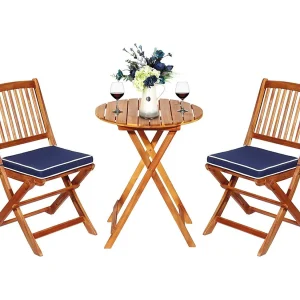 3-delige terrasmeubelset, inklapbaar, met ronde tafel en 2 stoelen, ergonomische zitset van acaciahout met 2 kussens, bistroset voor balkon,achtertuin TI87097 3-delige terrasmeubelset, inklapbaar, met ronde tafel en 2 stoelen, ergonomische zitset van acaciahout met 2 kussens, bistroset voor balkon,achtertuin TI87097