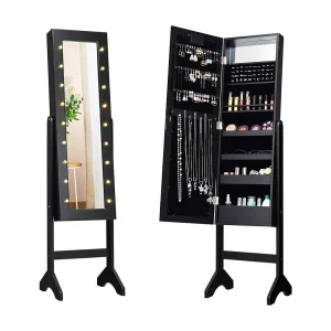 18 led-sieradenkast, kantelbaar, sieradenrek met full-body spiegel en kleine make-upspiegel, sieradenspiegelkast voor make-up (zwart)VH32202 18 led-sieradenkast, kantelbaar, sieradenrek met full-body spiegel en kleine make-upspiegel, sieradenspiegelkast voor make-up (zwart)VH32202
