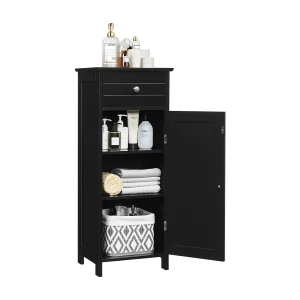 Badkamerkast, badkamerkast, vrijstaande kast met lade en 2 verstelbare planken, badkamer,badcommode，commode van hout voor slaapkamer en woonkamer (zwart)TI88594
