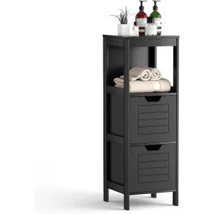 Badcommode met 2 laden, badkamerkast, houten badkamerkast voor woonkamer, badkamer, zwart, 30 x 30 x 89 cmTI83013