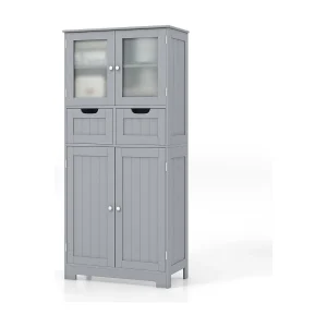 Badkamerkast met 2 laden en 4 deuren, badkamerkast met verstelbare planken, opbergkast voor badkamer, keuken, woonkamer (grijs)VH34458 Badkamerkast met 2 laden en 4 deuren, badkamerkast met verstelbare planken, opbergkast voor badkamer, keuken, woonkamer (grijs)VH34458