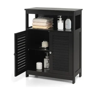 Badkamerkast, vrijstaande badkamerkast, opbergkast met 2 rolluikdeuren, keukenkast, badkamercommode van hout voor badkamer, keuken, woonkamer (zwart)TI87069