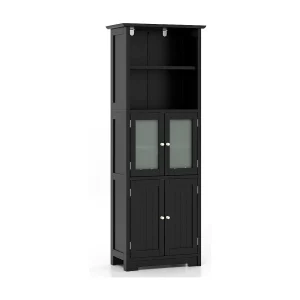 Badkamerkast met glazen deuren, 2 open vakken en verstelbare planken, hoge badkamerkast, opbergkast voor badkamer, keuken, woonkamer (zwart)VH32864 Badkamerkast met glazen deuren, 2 open vakken en verstelbare planken, hoge badkamerkast, opbergkast voor badkamer, keuken, woonkamer (zwart)VH32864