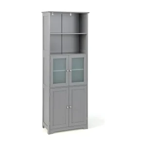 Badkamerkast met glazen deuren, 2 open vakken en verstelbare planken, hoge badkamerkast, opbergkast voor badkamer, keuken, woonkamer (grijs)VH32864 Badkamerkast met glazen deuren, 2 open vakken en verstelbare planken, hoge badkamerkast, opbergkast voor badkamer, keuken, woonkamer (grijs)VH32864