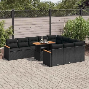 11-delige Loungeset met kussens poly rattan acacia zwart 11-delige Loungeset met kussens poly rattan acacia zwart