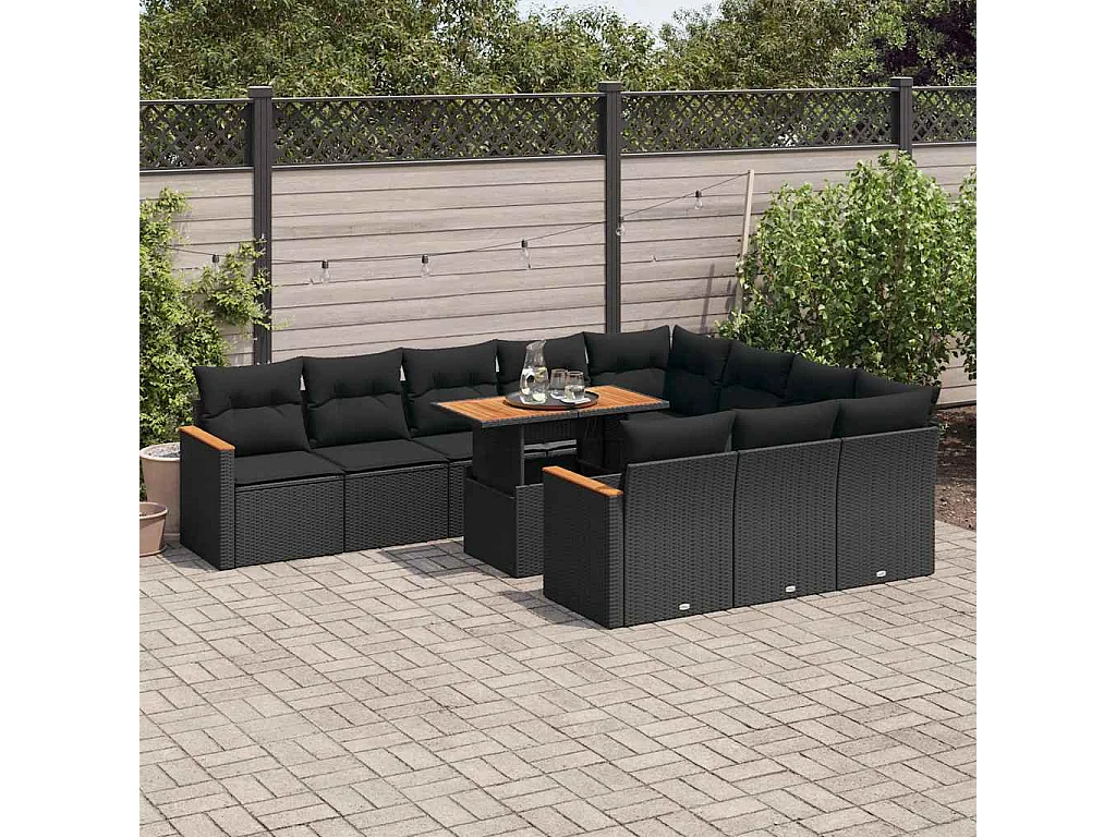 11-delige Loungeset met kussens poly rattan acacia zwart
