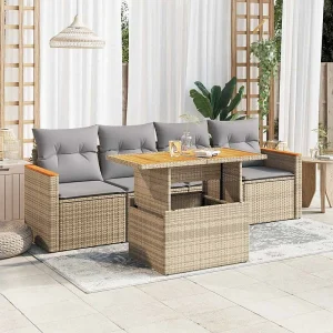 5-delige Loungeset met kussens poly rattan en acaciahout beige 5-delige Loungeset met kussens poly rattan en acaciahout beige