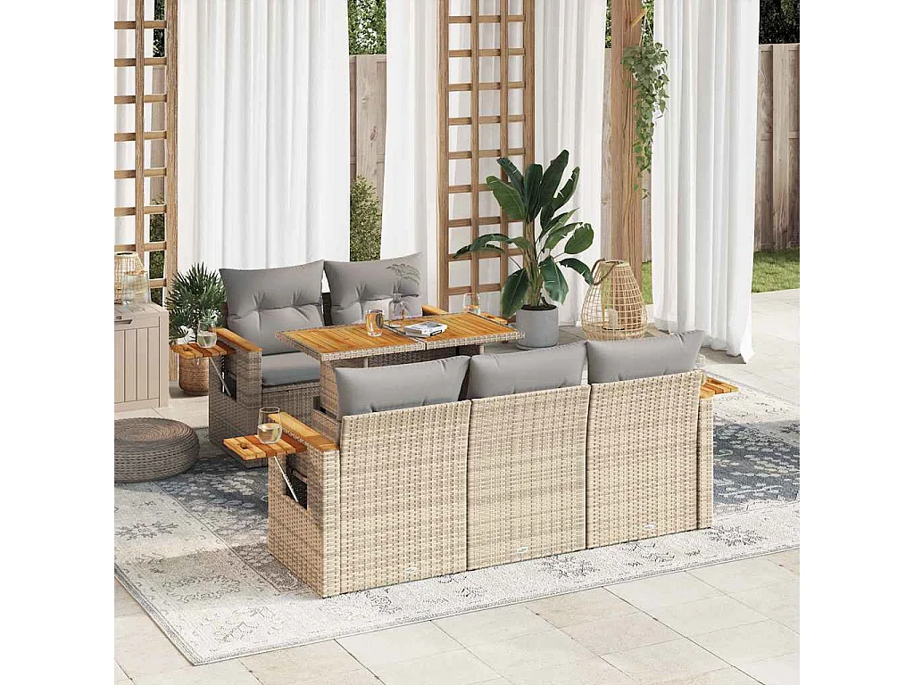6-delige Loungeset met kussens poly rattan acacia beige