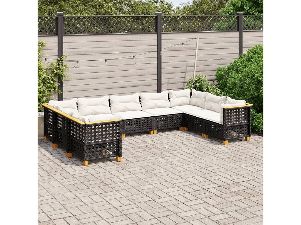 9-delige Loungeset met kussens poly rattan zwart