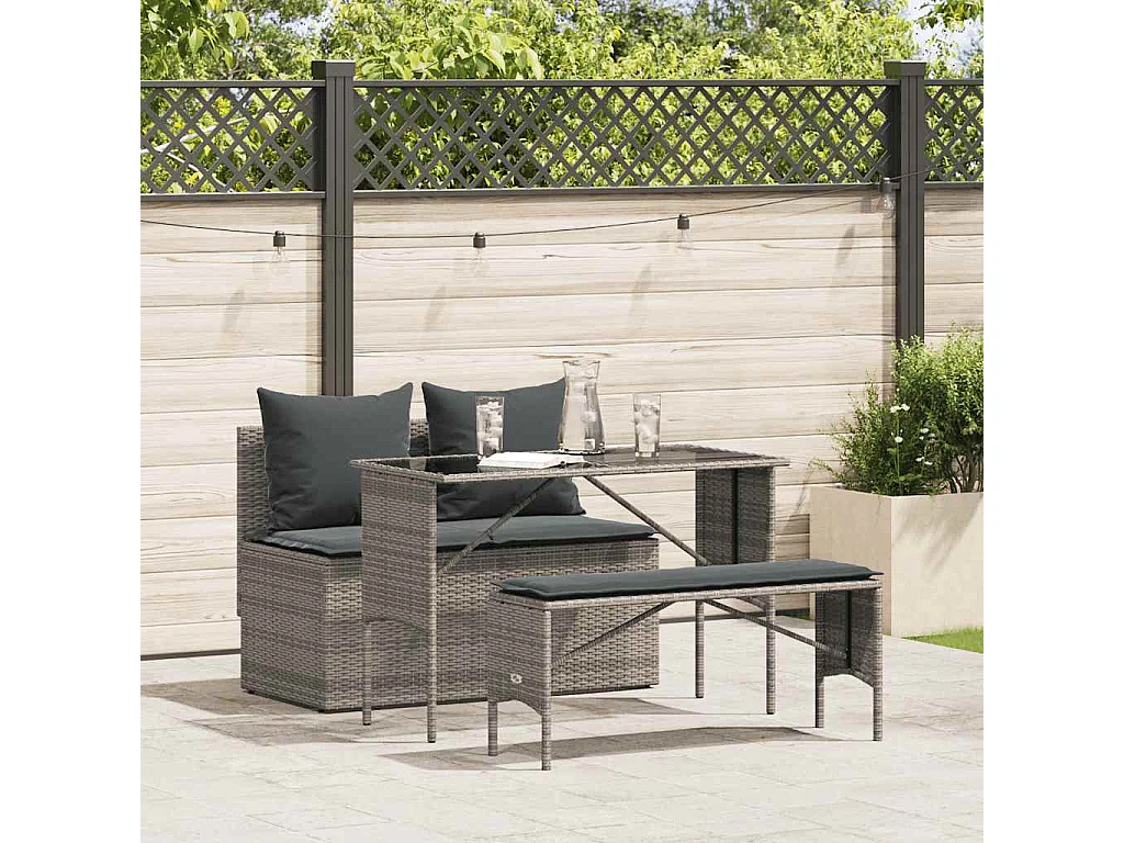 3-delige Tuinset met kussens poly rattan grijs