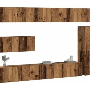 7-delig Tv-meubelset wandmontage bewerkt hout oud houtkleurig 7-delig Tv-meubelset wandmontage bewerkt hout oud houtkleurig