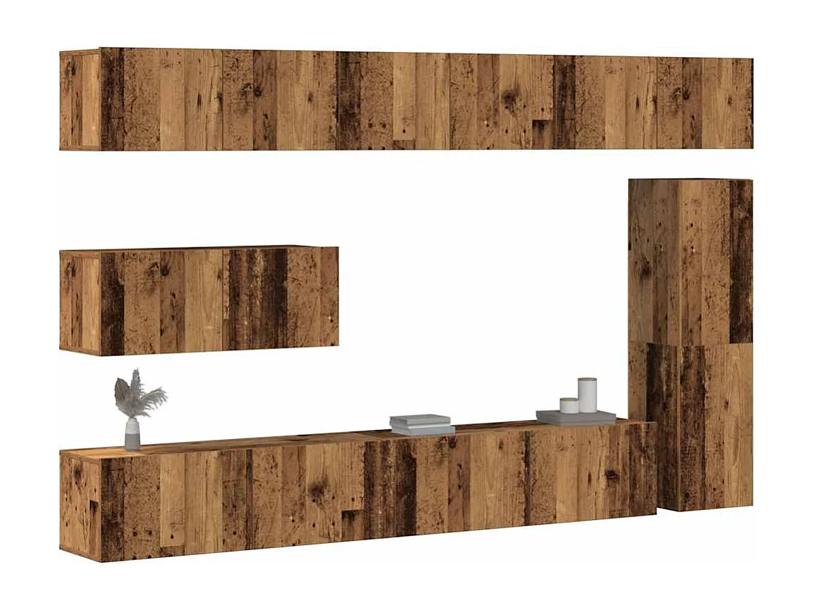 7-delig Tv-meubelset wandmontage bewerkt hout oud houtkleurig