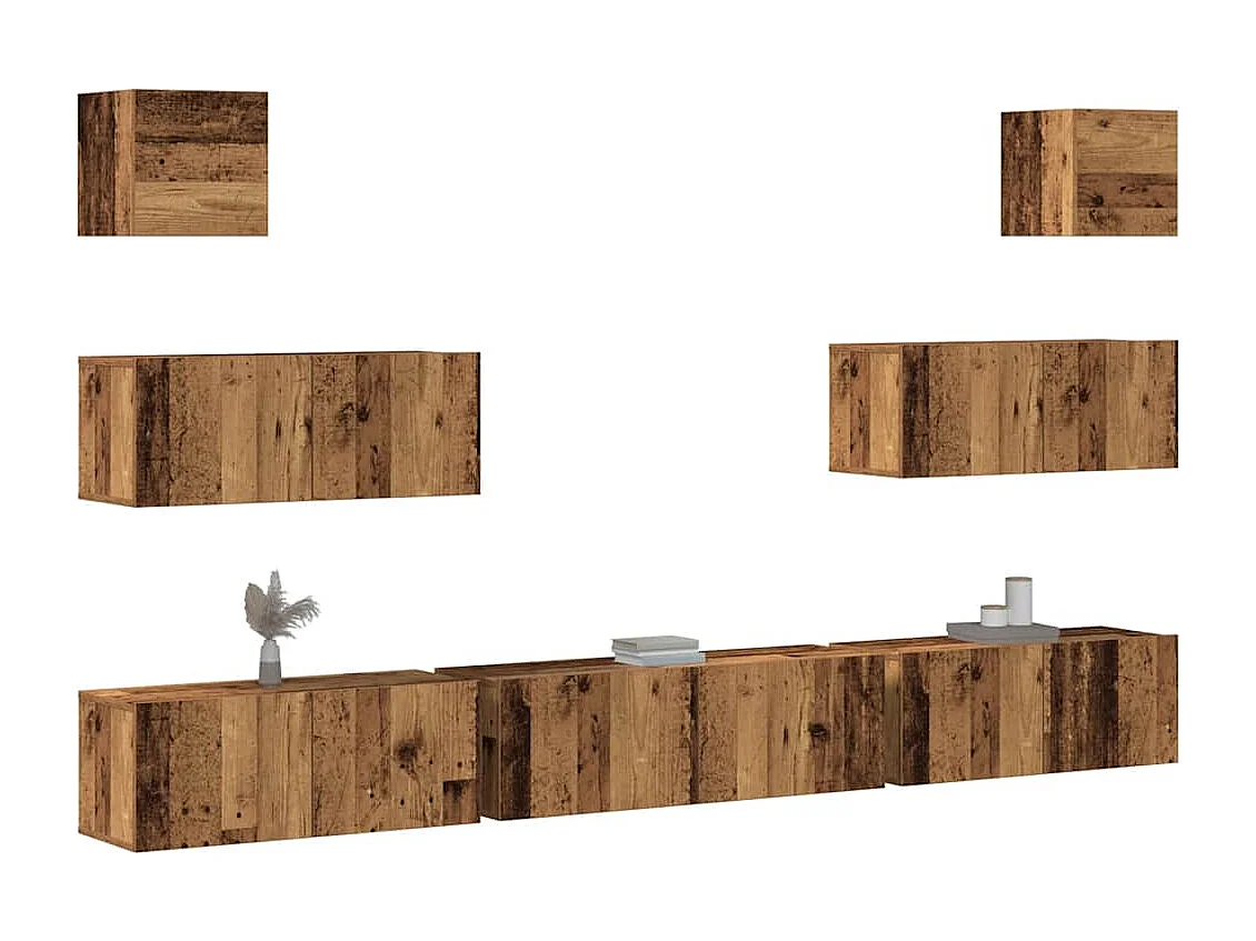 7-delig Tv-meubelset wandmontage bewerkt hout oud houtkleurig