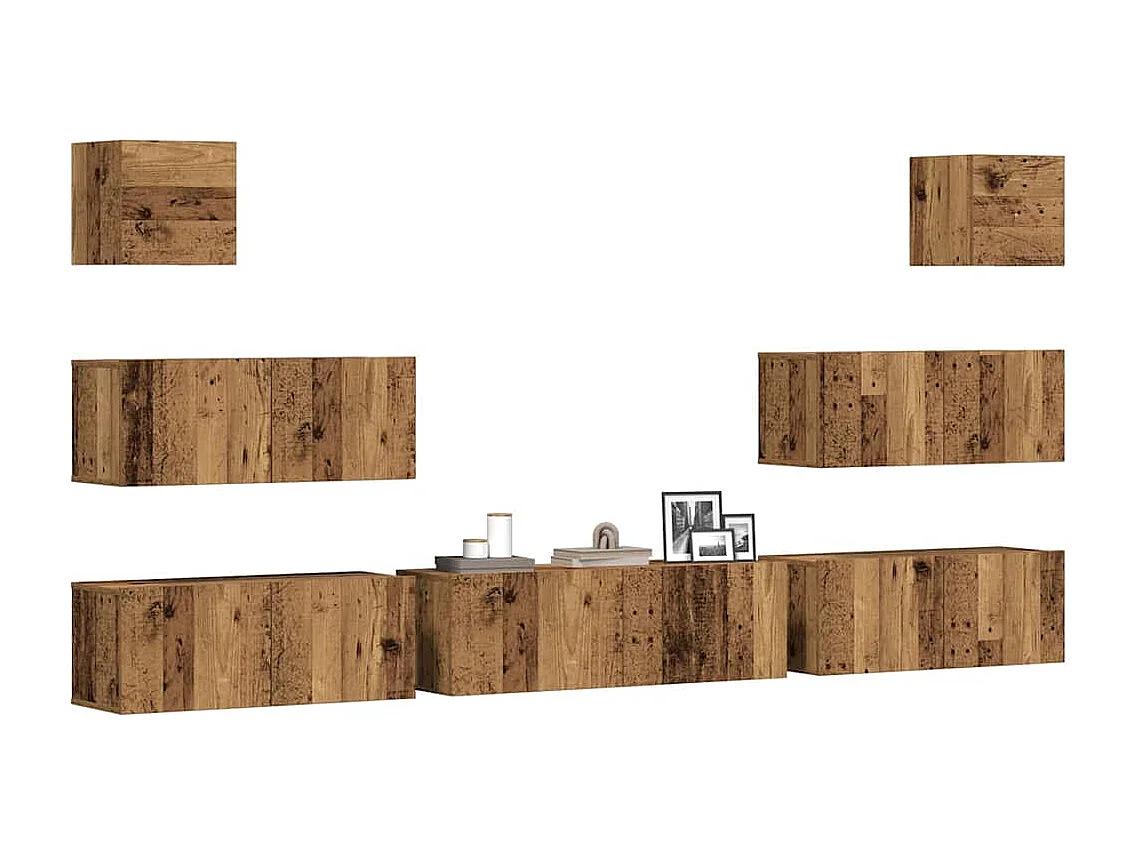 7-delig Tv-meubelset wandmontage bewerkt hout oud houtkleurig
