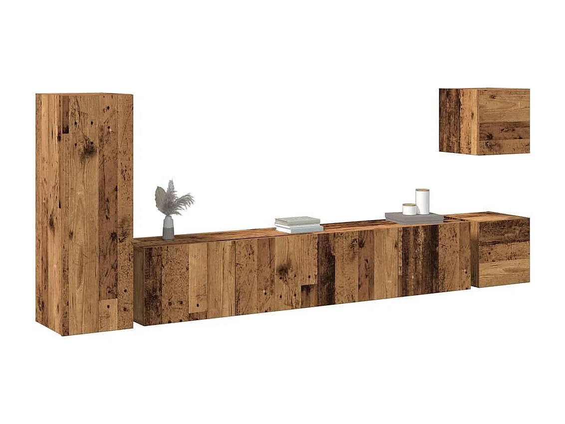 5-delig Tv-meubelset wandmontage bewerkt hout oud houtkleurig