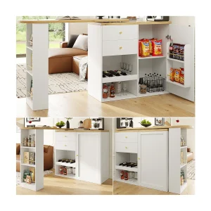 360° draaibare barkast – 204 x 39 x 104 cm – met 2 laden + kast met deuren – MDF – wit 360° draaibare barkast – 204 x 39 x 104 cm – met 2 laden + kast met deuren – MDF – wit