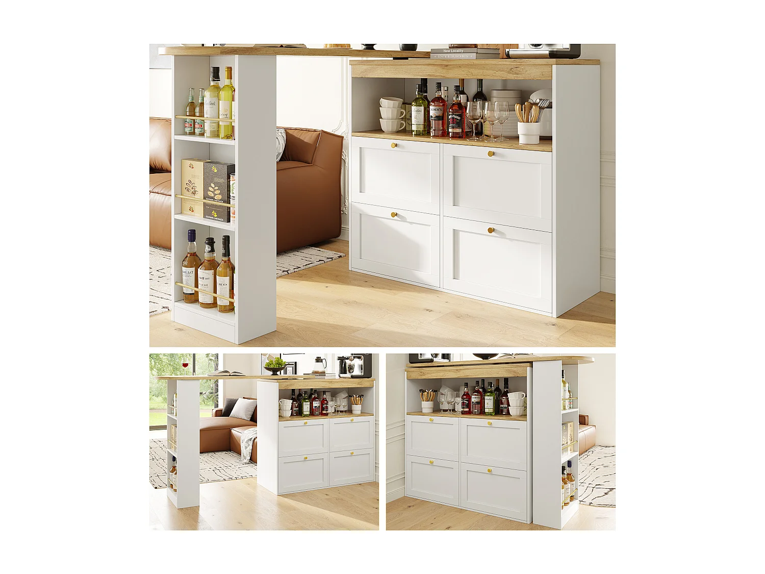 360° draaibare barkast - 204 x 39 x 104 cm - met 4 laden + open planken - MDF - wit
