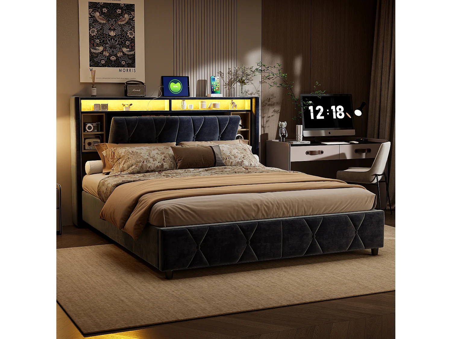 140x200 Opbergbed met LED, hydraulisch gestoffeerd bed, hoofdeinde en lattenbodem, grijs, fluweel