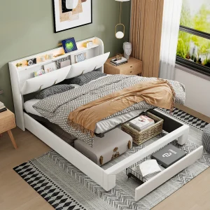 140×200 cm Opbergbed met LED en USB, Gestoffeerd tweepersoonsbed met lades, Fluweel, Beige
