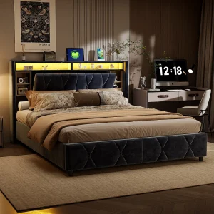 160×200 Opbergbed met LED, hydraulisch gestoffeerd bed, hoofdeinde en lattenbodem, grijs, fluweel 160×200 Opbergbed met LED, hydraulisch gestoffeerd bed, hoofdeinde en lattenbodem, grijs, fluweel