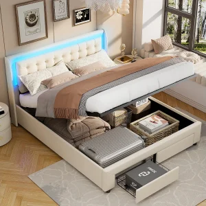 160×200 cm Opbergbed met lattenbodem, gestoffeerd bed met opbergruimte, tweepersoonsbed met ledverlichting, fluweel, beige 160×200 cm Opbergbed met lattenbodem, gestoffeerd bed met opbergruimte, tweepersoonsbed met ledverlichting, fluweel, beige
