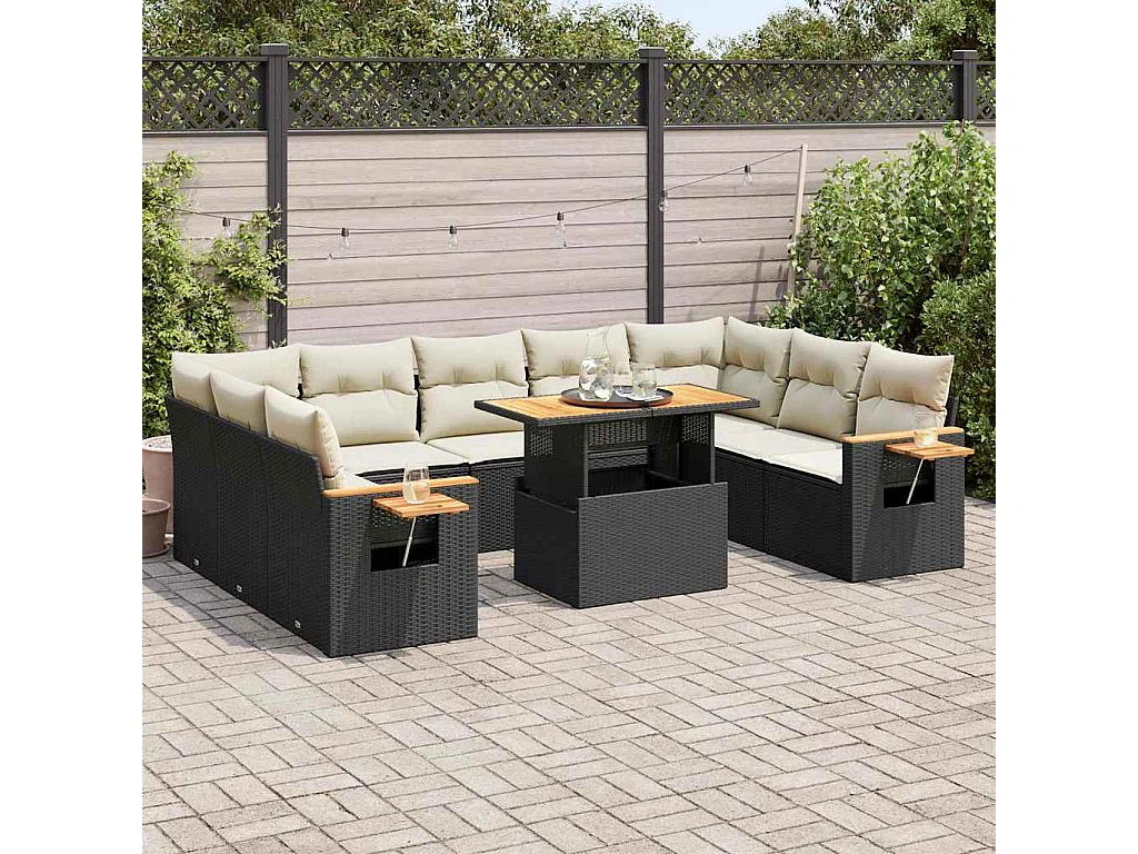 10-delige Loungeset met kussens poly rattan acacia zwart