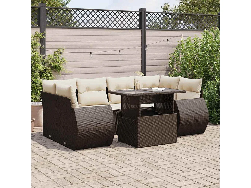 7-delige Loungeset met kussens poly rattan bruin