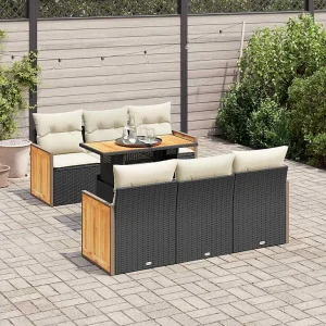 7-delige Loungeset met kussens poly rattan acacia zwart 7-delige Loungeset met kussens poly rattan acacia zwart