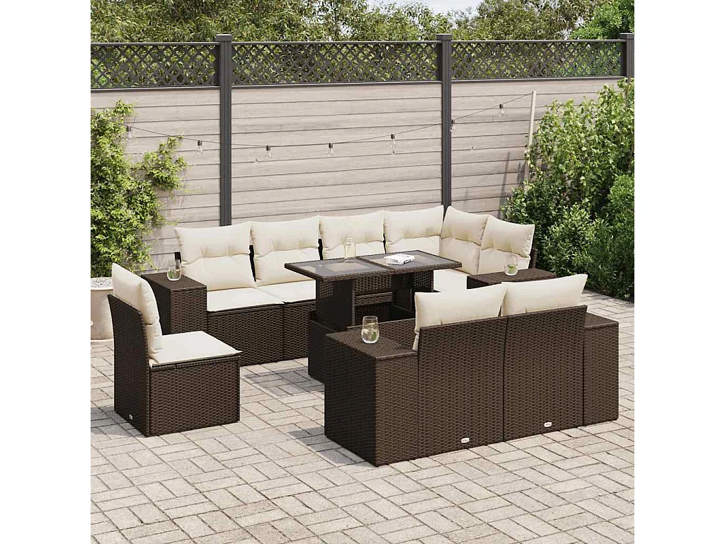 9-delige Loungeset met kussens poly rattan bruin