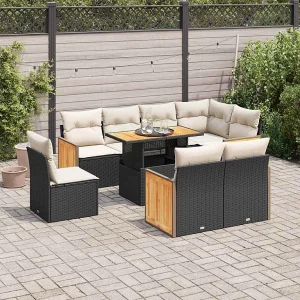 9-delige Loungeset met kussens poly rattan acacia zwart 9-delige Loungeset met kussens poly rattan acacia zwart