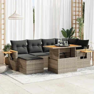 7-delige Loungeset met kussens poly rattan acacia grijs 7-delige Loungeset met kussens poly rattan acacia grijs