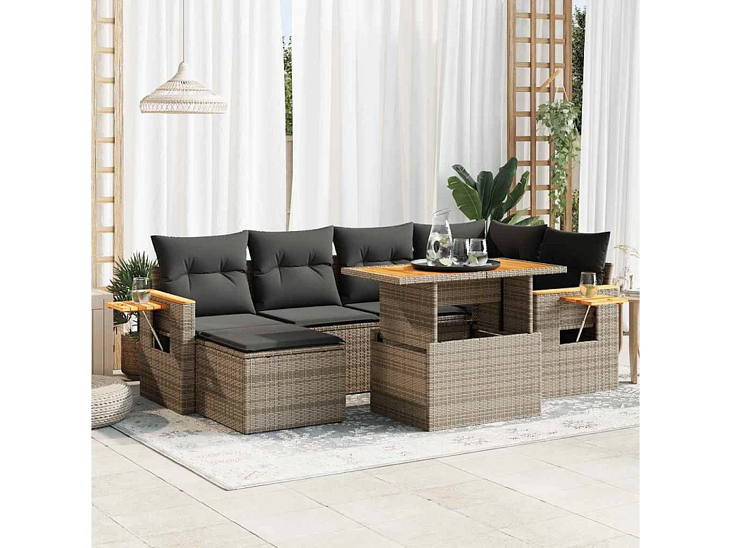 7-delige Loungeset met kussens poly rattan acacia grijs