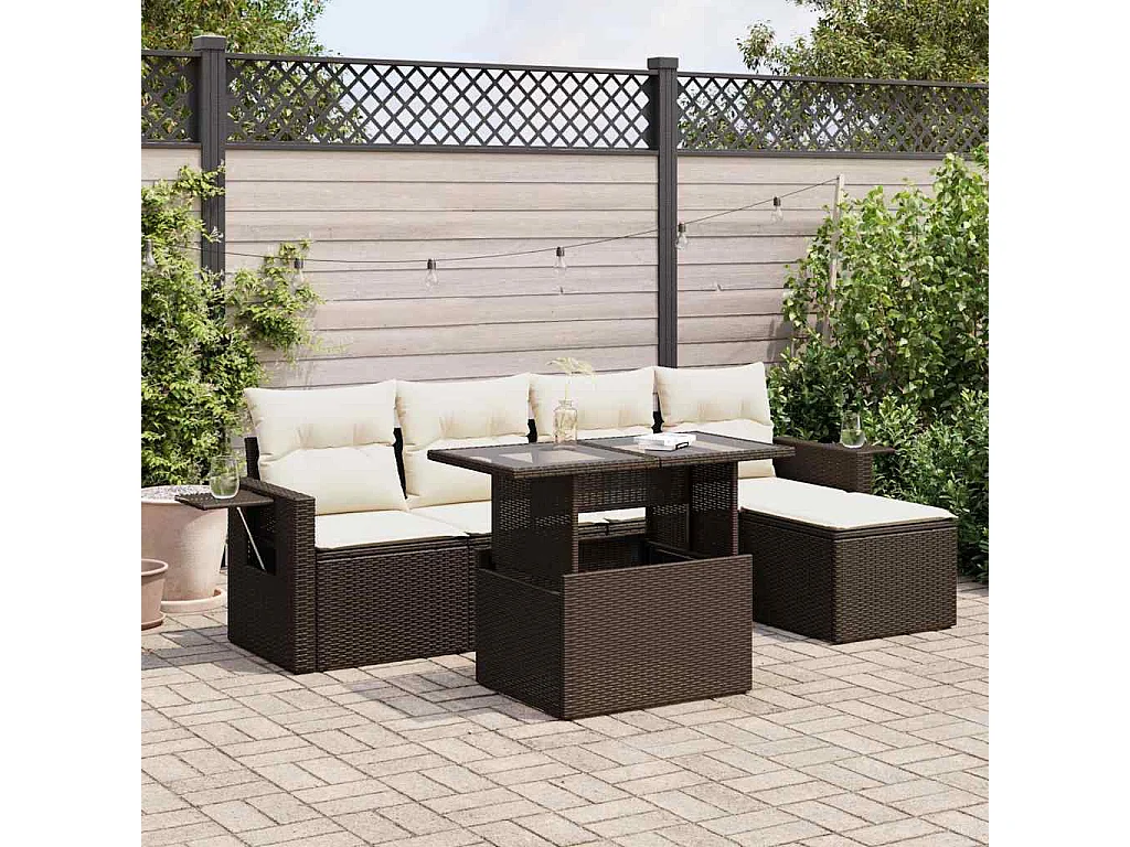 6-delige Loungeset met kussens poly rattan bruin