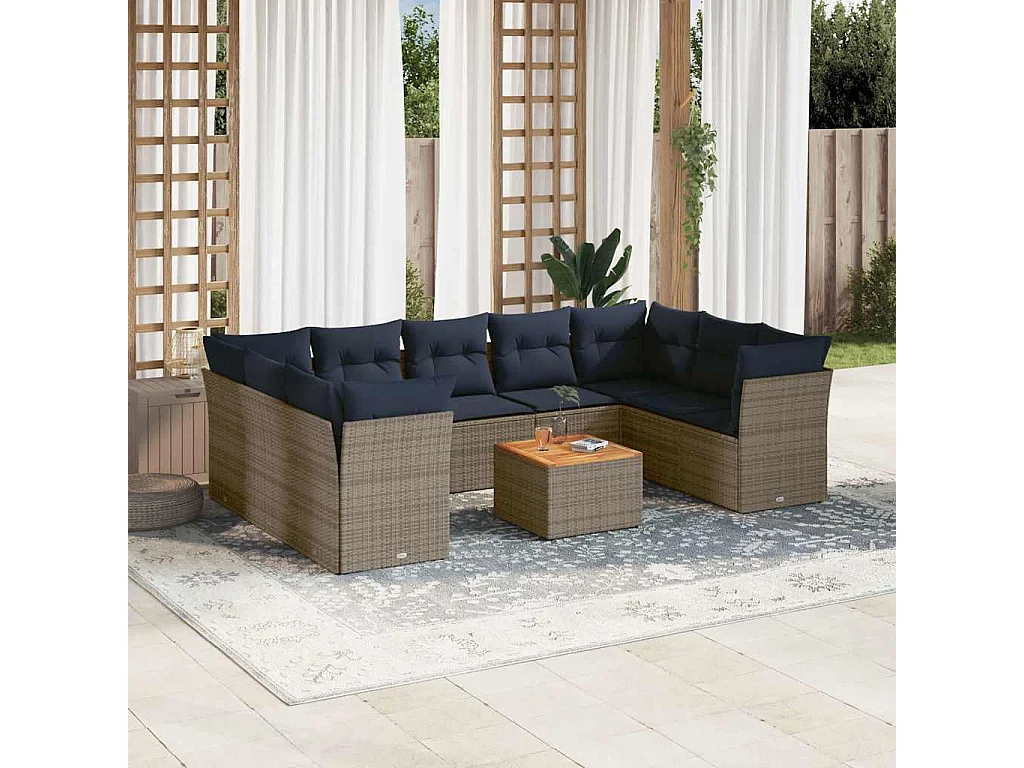 10-delige Loungeset met kussens poly rattan grijs