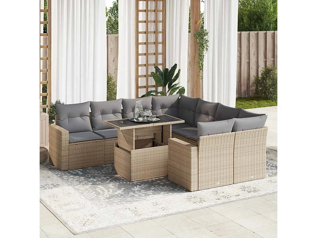 9-delige Loungeset met kussens poly rattan beige