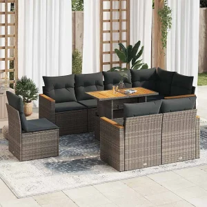 9-delige Loungeset met kussens poly rattan acacia grijs 9-delige Loungeset met kussens poly rattan acacia grijs
