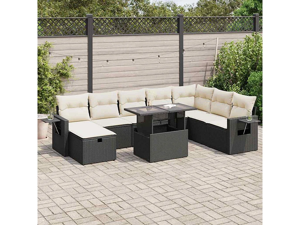 9-delige Loungeset met kussens poly rattan zwart