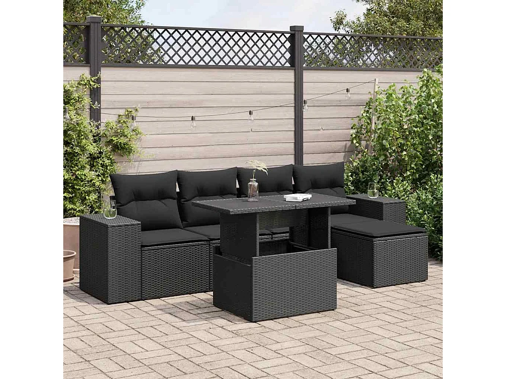 6-delige Loungeset met kussens poly rattan zwart
