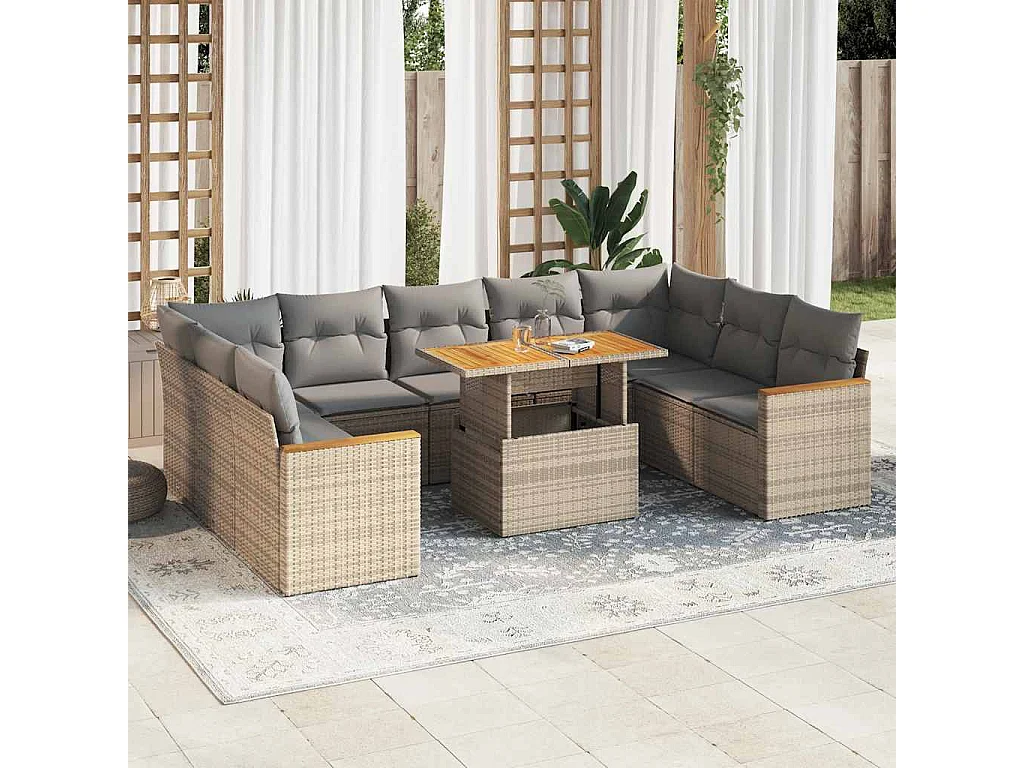 10-delige Loungeset met kussens poly rattan acacia beige