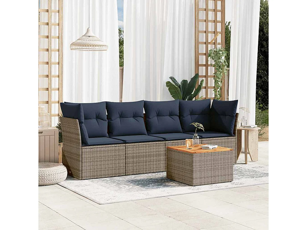 5-delige Loungeset met kussens poly rattan grijs