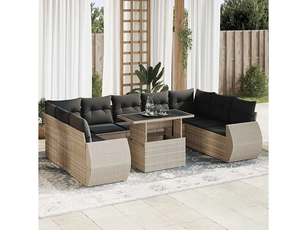 10-delige Loungeset met kussens poly rattan lichtgrijs