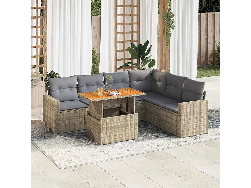7-delige Loungeset met kussens poly rattan beige