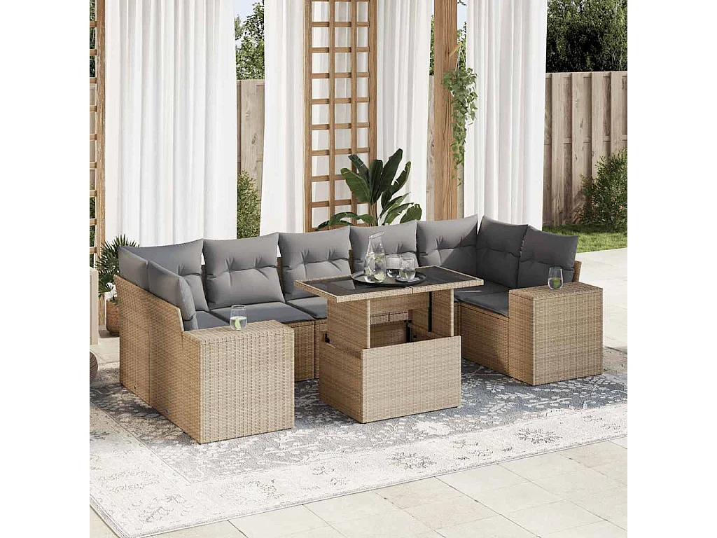 8-delige Loungeset met kussens poly rattan beige
