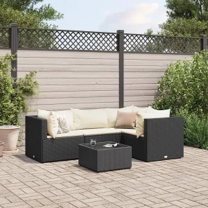5-delige Loungeset met kussens poly rattan zwart