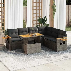 7-delige Loungeset met kussens poly rattan acacia grijs 7-delige Loungeset met kussens poly rattan acacia grijs