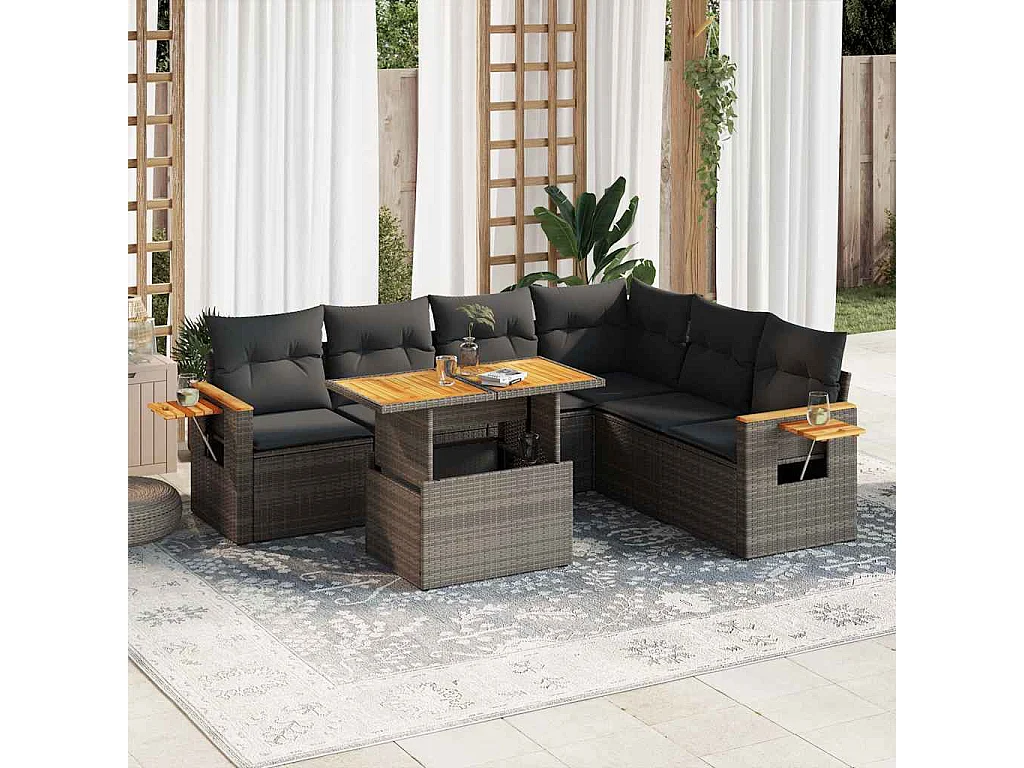 7-delige Loungeset met kussens poly rattan acacia grijs