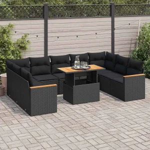 10-delige Loungeset met kussens poly rattan acacia zwart 10-delige Loungeset met kussens poly rattan acacia zwart