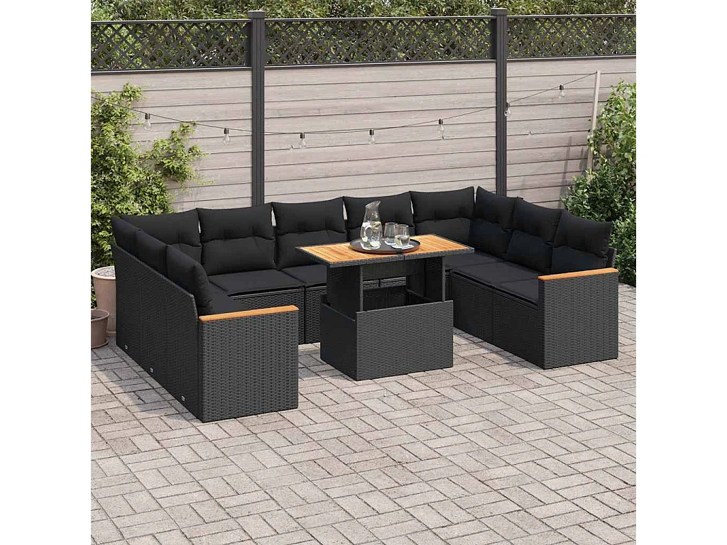 10-delige Loungeset met kussens poly rattan acacia zwart